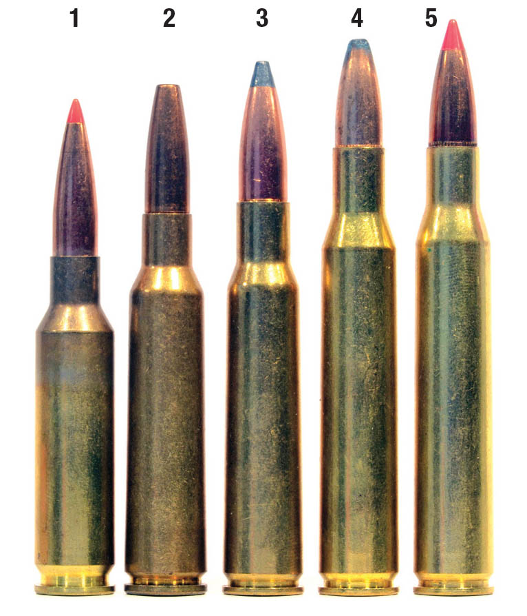 Birds of a feather: The (1) 6.5 Creedmoor, (2) 6.5x55 Swedish, (3) 7x57, (4) .270 Winchester and (5) .280 Remington all fall into the same class of highly efficient and effective all-around hunting cartridges.
